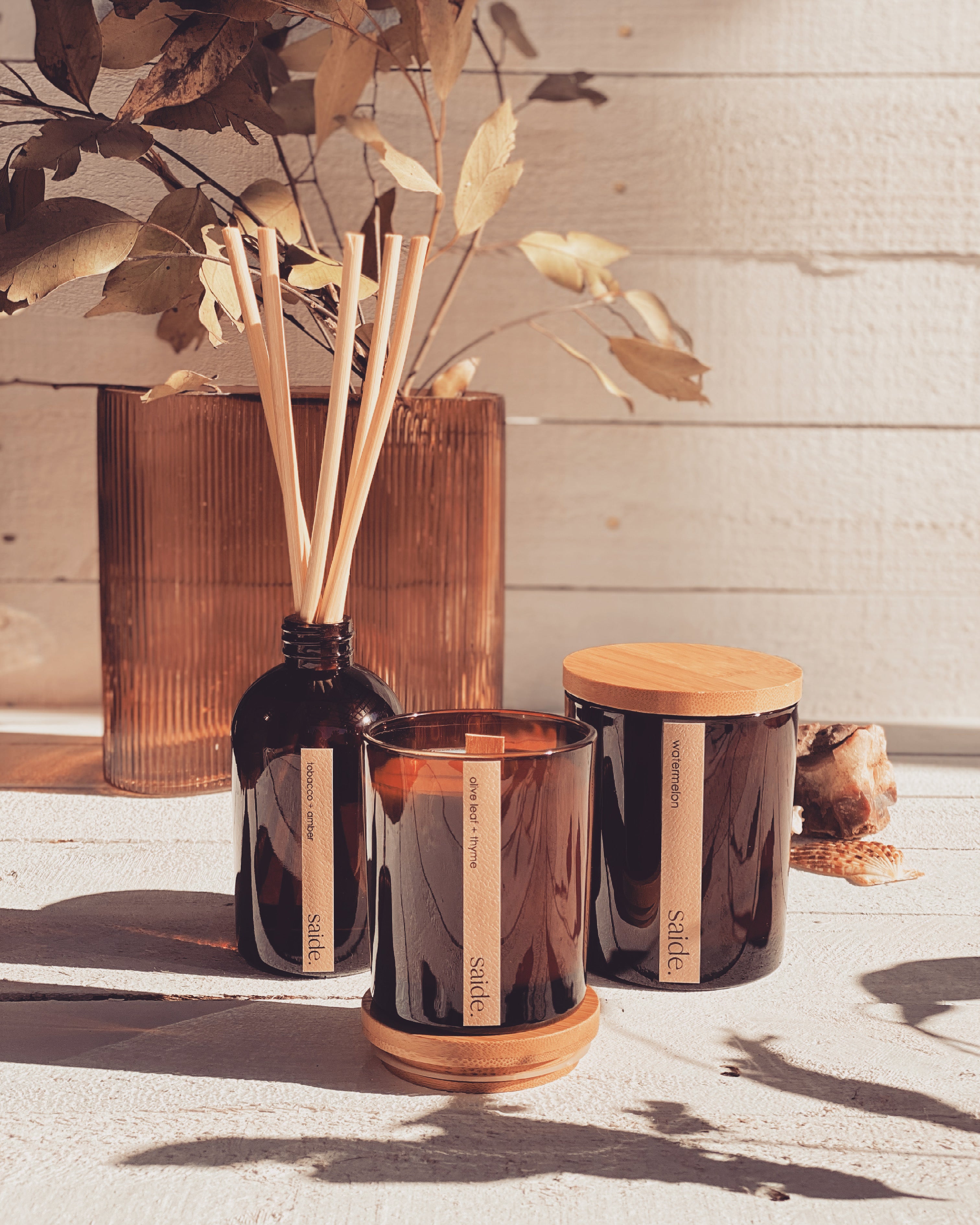 saide Large Amber Wood Wick Soy Candle + Reed Diffuser | Coastal Boho | Handmade in Brisbane